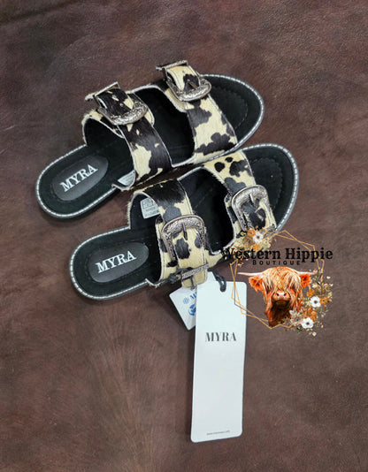 Myra Midnight Grove Hairon Leather Sandals