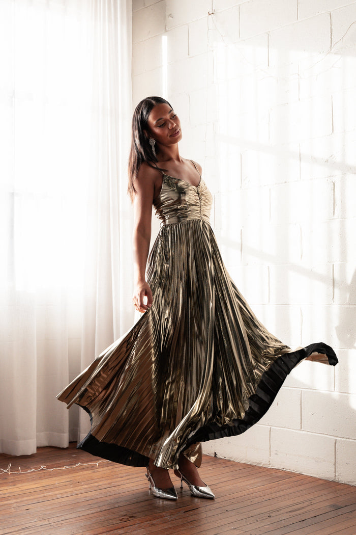 Petal and Pup USA DRESSES Naira Pleated Maxi Dress - Gold