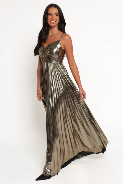 Petal and Pup USA DRESSES Naira Pleated Maxi Dress - Gold