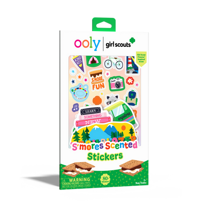 Quarter angle of front of packaging OOLY x Girl Scouts S’more Scented Stickers