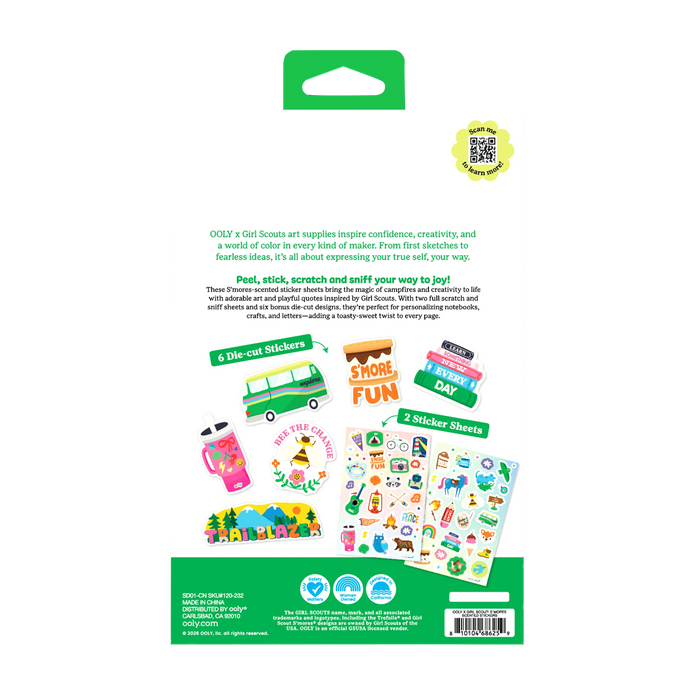 Back of packaging of OOLY x Girl Scouts S’more Scented Stickers