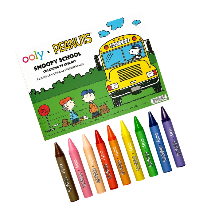 Row of crayons and back of packaging of the OOLY x Peanuts Snoopy School Coloring Travel Kit