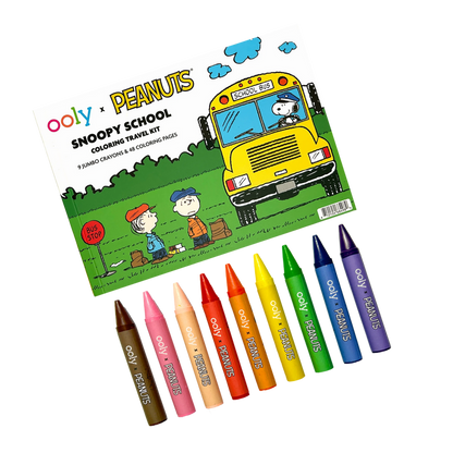 Row of crayons and back of packaging of the OOLY x Peanuts Snoopy School Coloring Travel Kit