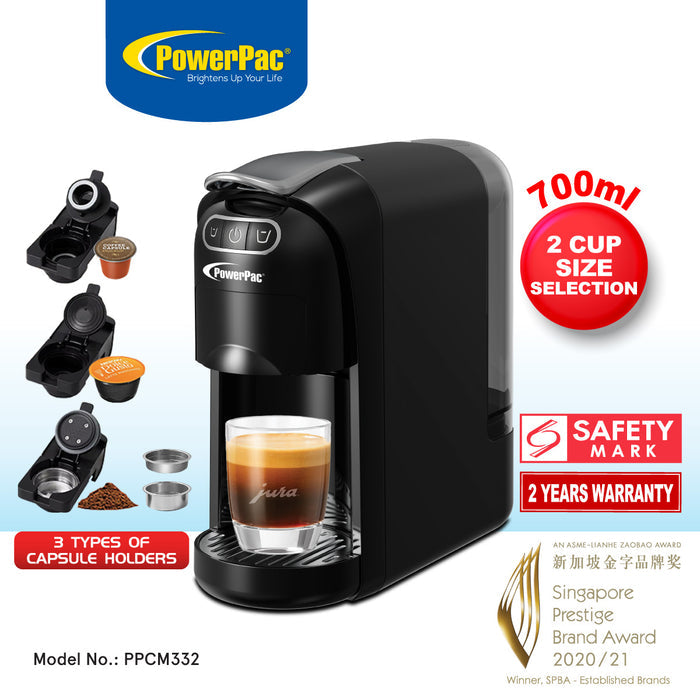 PowerPac 3 in 1 Capsule Coffee Machine Fully automatic small home, Portable Capsule Coffee Maker 20 Bar (PPCM332)