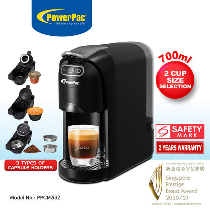 PowerPac 3 in 1 Capsule Coffee Machine Fully automatic small home, Portable Capsule Coffee Maker 20 Bar (PPCM332)