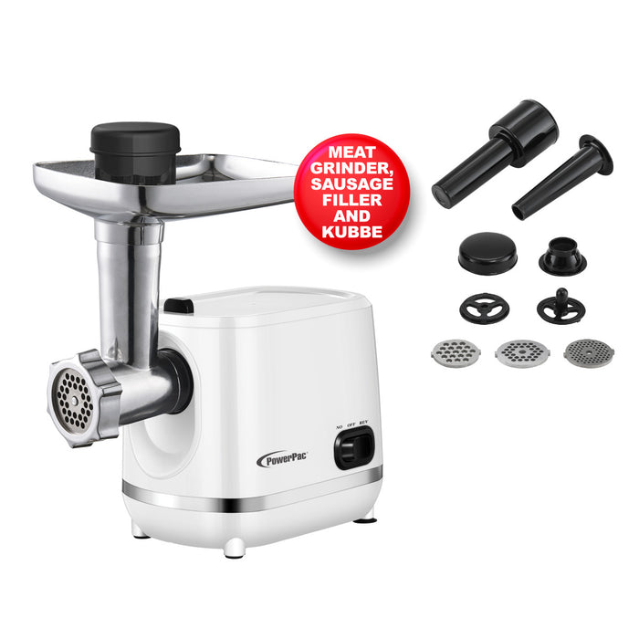 PowerPac Meat Chopper, 3 In 1 Meat Mincer, 3 Stainless Steel Grinding Plates, Kubbe & Sausage Filling Tubes (PPCP3307)
