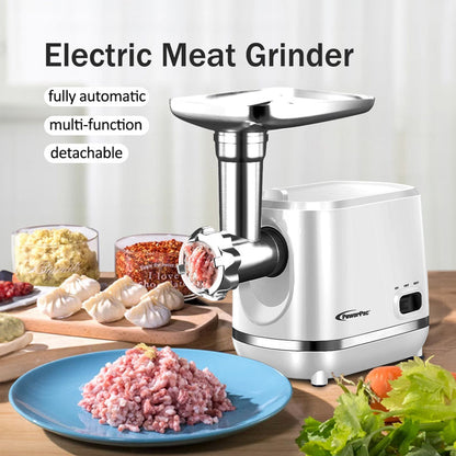 PowerPac Meat Chopper, 3 In 1 Meat Mincer, 3 Stainless Steel Grinding Plates, Kubbe & Sausage Filling Tubes (PPCP3307)