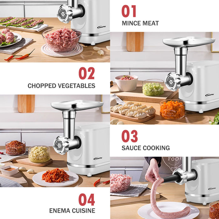 PowerPac Meat Chopper, 3 In 1 Meat Mincer, 3 Stainless Steel Grinding Plates, Kubbe & Sausage Filling Tubes (PPCP3307)