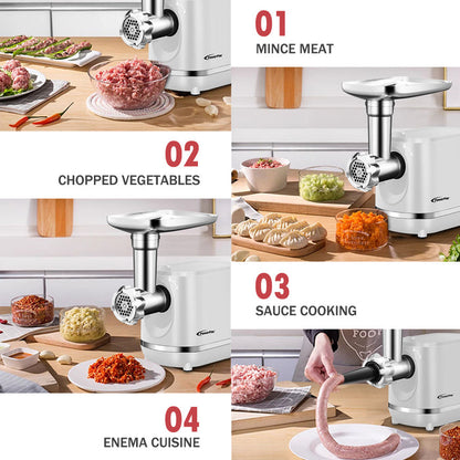PowerPac Meat Chopper, 3 In 1 Meat Mincer, 3 Stainless Steel Grinding Plates, Kubbe & Sausage Filling Tubes (PPCP3307)