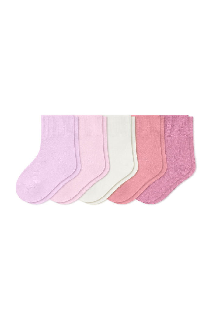 Kyte Baby Quarter Socks 5-Pack in Ballet set includes: Thistle, Sakura, Cloud, Crepe and Apple Blossom shown on a white background