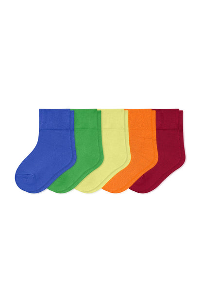 Five pairs of ribbed quarter socks in a rainbow color sequence, fanned out against a plain white background.