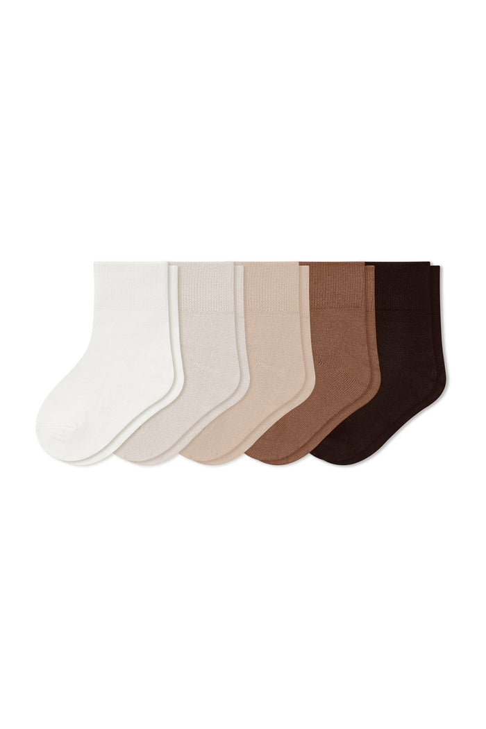 Kyte Baby Quarter Socks 5-Pack in Cafe set includes: Cloud, Oat, Bisque, Latte and Espresso shown on a white background