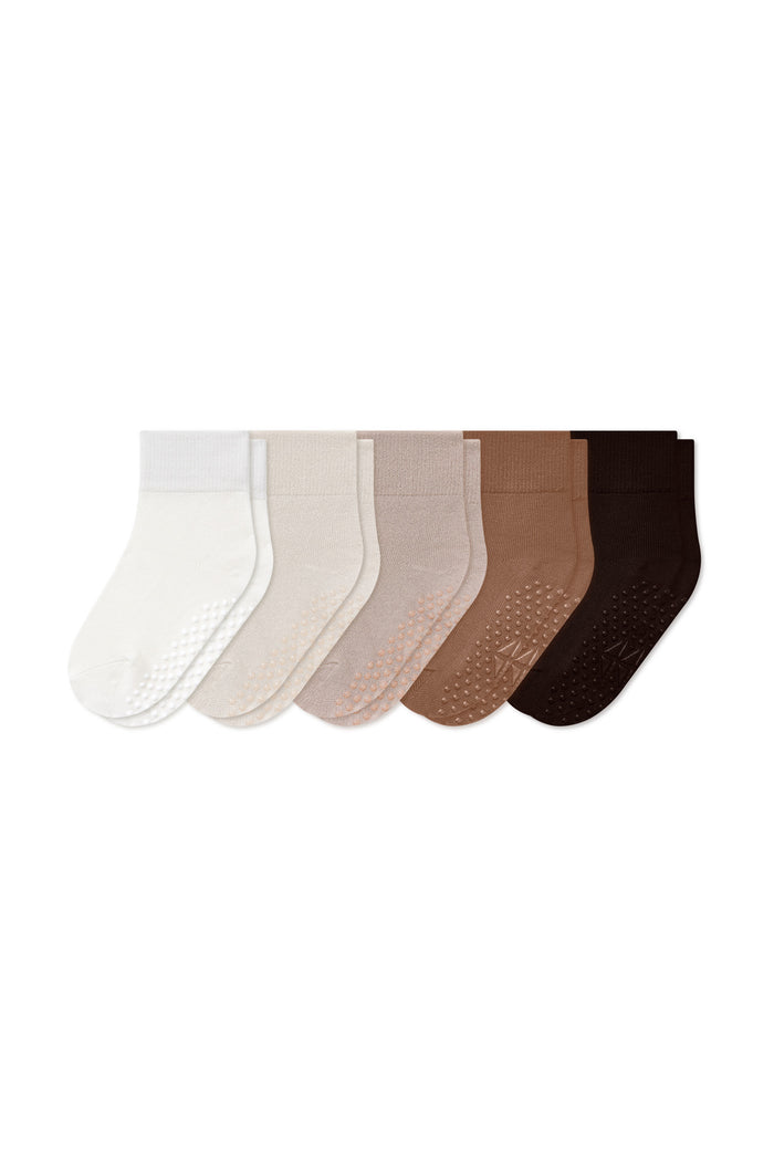 Kyte Baby Quarter Socks 5-Pack in Cafe set includes: Cloud, Oat, Bisque, Latte and Espresso shown on a white background