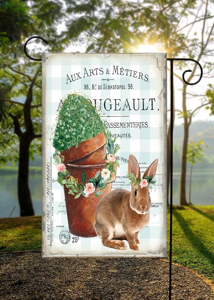 Rabbits with Clay Pots Garden Flag