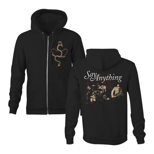 Say Anything Black Printed Zip Hoodie shown front and back. Features a simple brown graphic on the front and a vintage-style photo with bold "Say Anything" text on the back. Made with lightweight 80/20 zips for comfort.