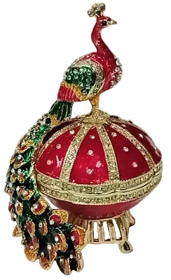 Red Peacock on Red container - Bejeweled Trinket Box - TRNK-6074-02-Red