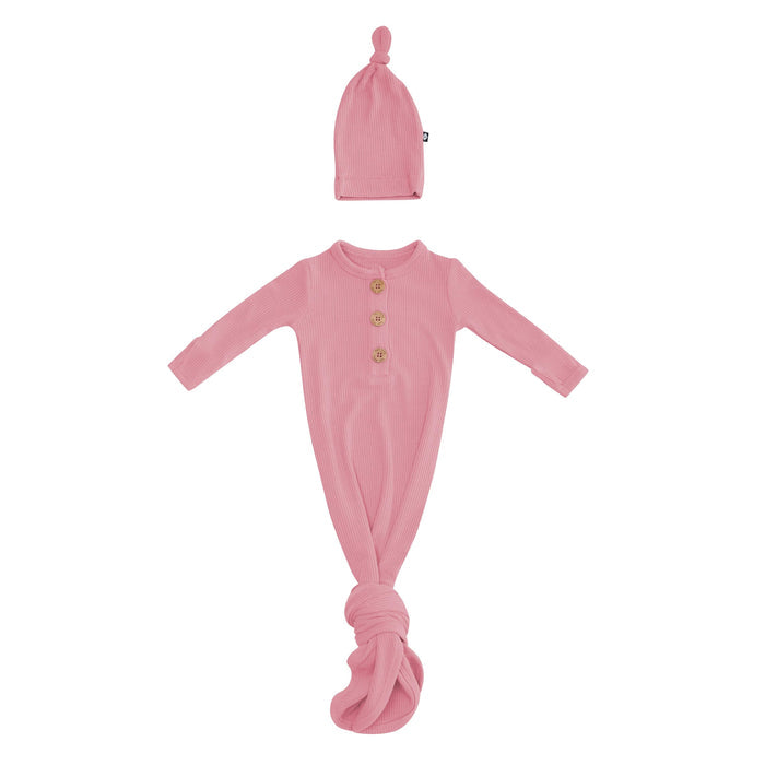 Kyte Baby Ribbed Knotted Gown with Hat Set in Apple Blossom