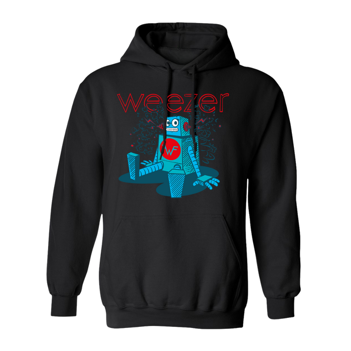 Black hooded sweatshirt featuring a vibrant blue robot graphic with red ’weezer’ text above it.