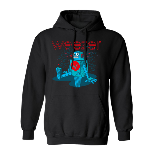 Black hooded sweatshirt featuring a vibrant blue robot graphic with red ’weezer’ text above it.