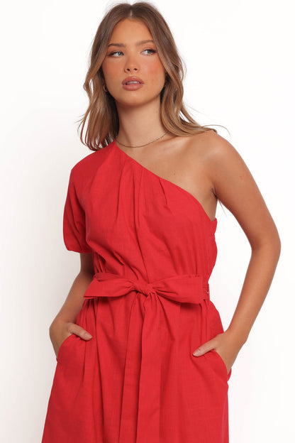 Petal and Pup USA DRESSES Roma One Shoulder Midi Dress - Red (Hold for Amazon)