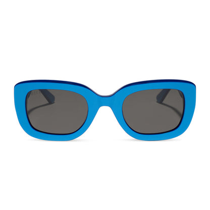 diff eyewear romy square sunglasses with a luminous blue acetate frame and grey lenses front view