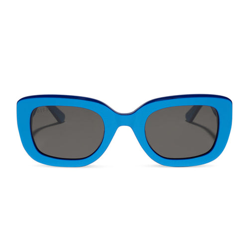 diff eyewear romy square sunglasses with a luminous blue acetate frame and grey lenses front view