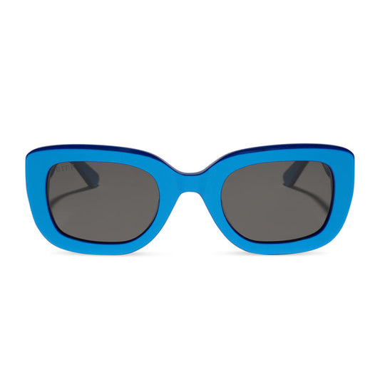 diff eyewear romy square sunglasses with a luminous blue acetate frame and grey lenses front view