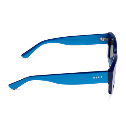 diff eyewear romy square sunglasses with a luminous blue acetate frame and grey lenses side view
