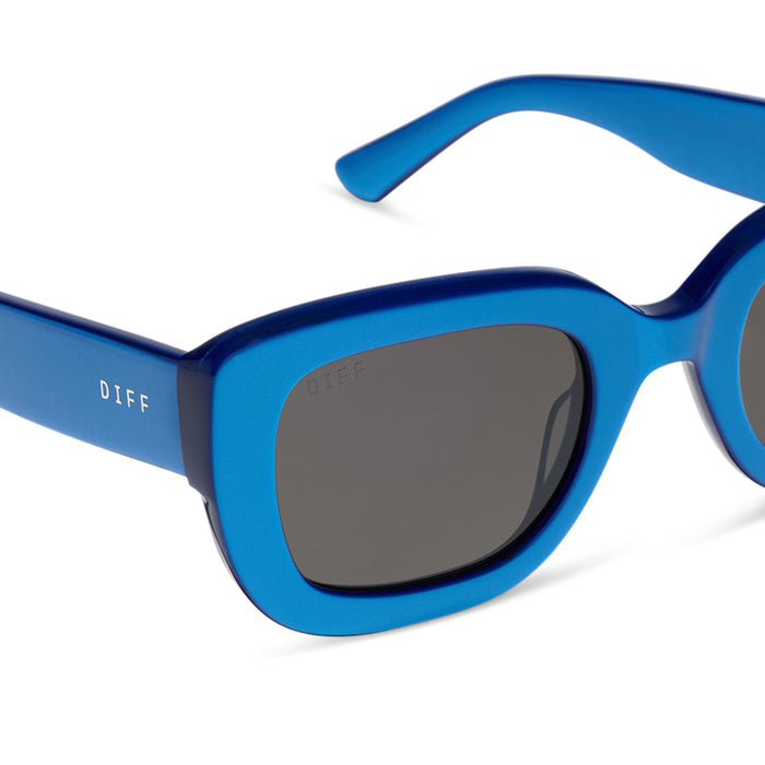 diff eyewear romy square sunglasses with a luminous blue acetate frame and grey lenses detailed view