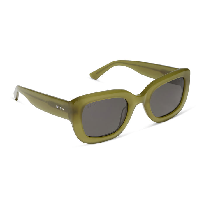 diff eyewear romy square sunglasses with a sweet pea green acetate frame and grey lenses angled view