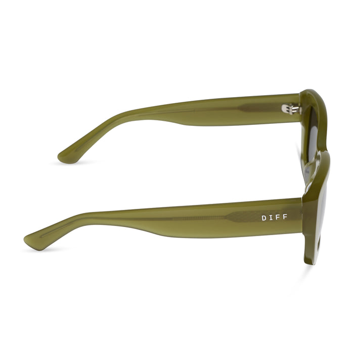 diff eyewear romy square sunglasses with a sweet pea green acetate frame and grey lenses side view