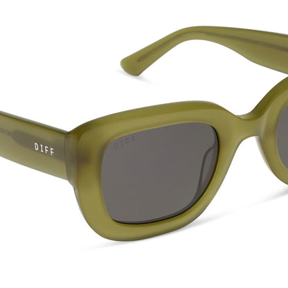 diff eyewear romy square sunglasses with a sweet pea green acetate frame and grey lenses detailed view