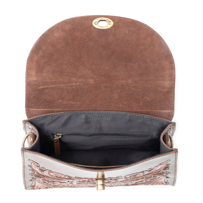 Savannah Scroll Handtooled Leather Bag in Dark Brown
