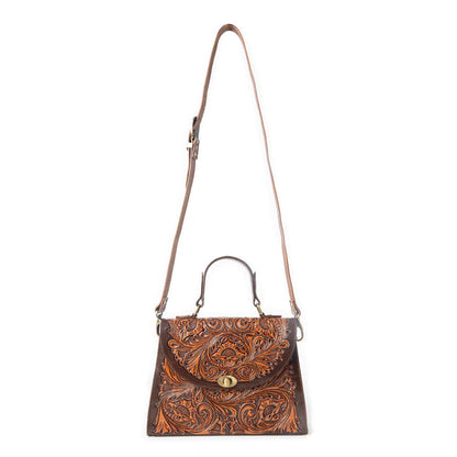Savannah Scroll Handtooled Leather Bag in Dark Brown