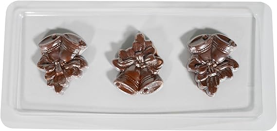 Das Unold Schokoladenform-Set Weihnachten ist eine durchsichtige Kunststoffform mit drei Vertiefungen, die jeweils die Form festlicher Glocken mit Bändern und Stechpalmen haben und sich perfekt für die Herstellung von Schokoladen- oder Süßigkeitendekorationen eignen.