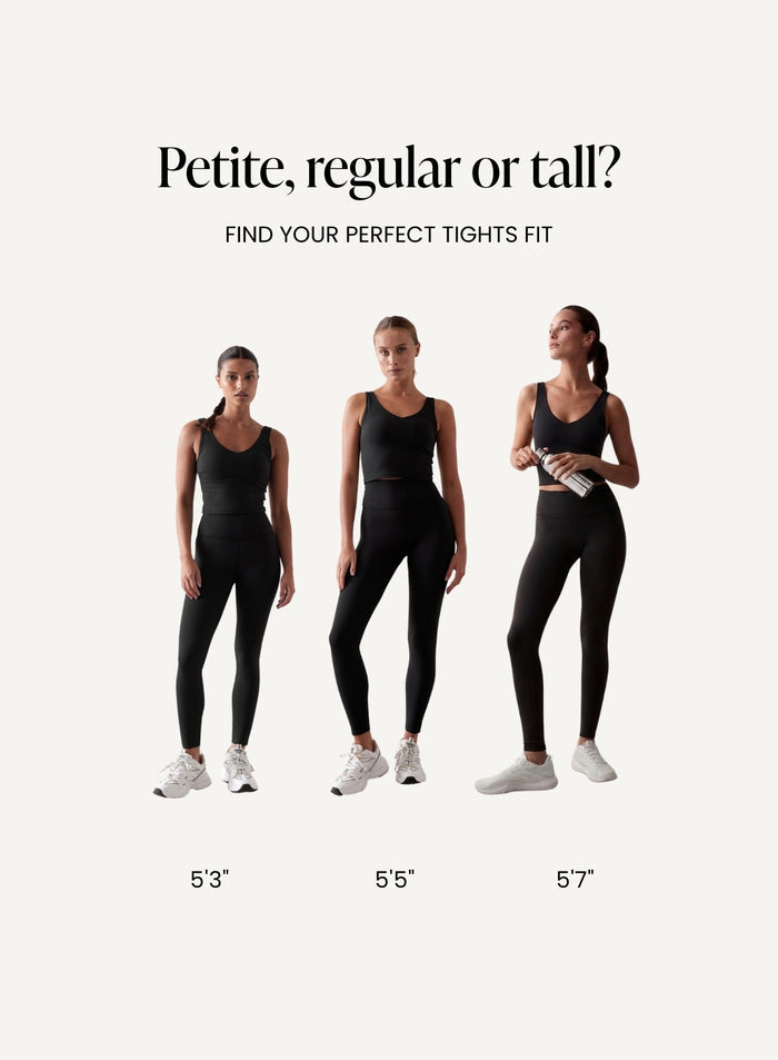 Three models wearing black aim'n activewear showcase the fit of petite, regular, and tall high-waisted tights.