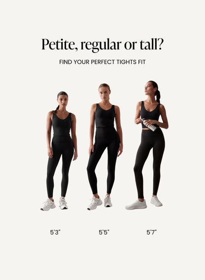 Three models wearing black aim'n activewear showcase the fit of petite, regular, and tall high-waisted tights.