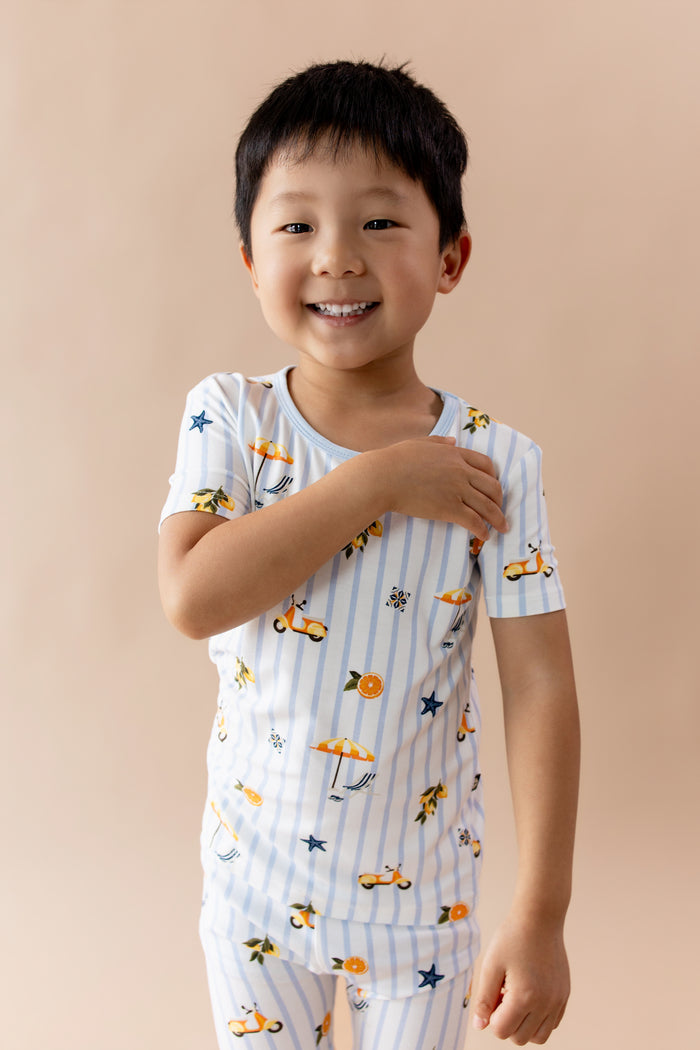 Close up of young boy wearing the Short Sleeve Pajamas in Amalfi Coast
