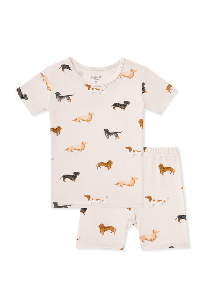 Beige Short Sleeve Pajamas in Dachshund print on a white background