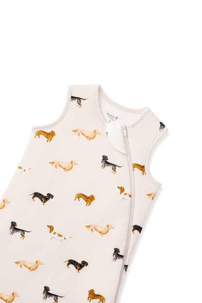 Top part of Beige Sleep Bag with Dachshund print on a white background