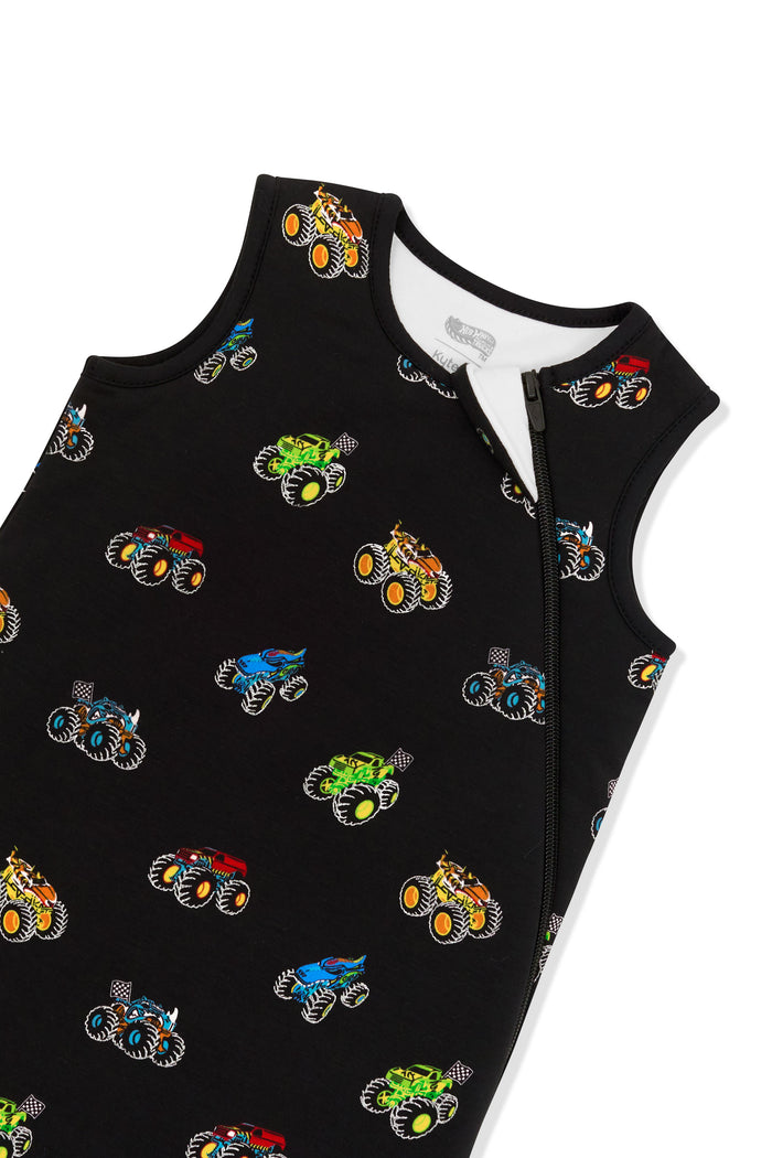 Top part of Sleep Bag 1.0 with Monster Truck print on white background
