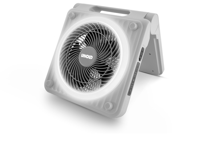 Der Unold Camping Solarventilator ist ein quadratischer, tragbarer elektrischer Ventilator mit kreisförmigem LED-Licht um die Flügel, abgewinkeltem Design und einem oberen Griff. Das Unold-Logo befindet sich mittig auf dem Ventilator.