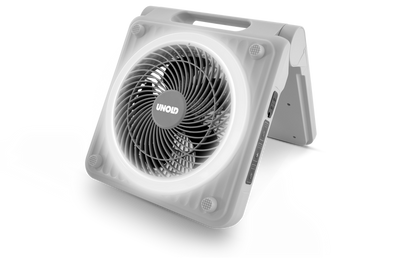 Der Unold Camping Solarventilator ist ein quadratischer, tragbarer elektrischer Ventilator mit kreisförmigem LED-Licht um die Flügel, abgewinkeltem Design und einem oberen Griff. Das Unold-Logo befindet sich mittig auf dem Ventilator.