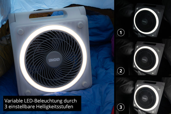 Der Unold Solarventilator Camping, ein weißer Ventilator mit kreisförmiger LED-Leuchte, ist in einem Zelt abgebildet. Drei Seitenbilder zeigen die drei einstellbaren Helligkeitsstufen der LED, beschriftet mit 1–3. Deutscher Text hebt die anpassbare Helligkeitseinstellung hervor.