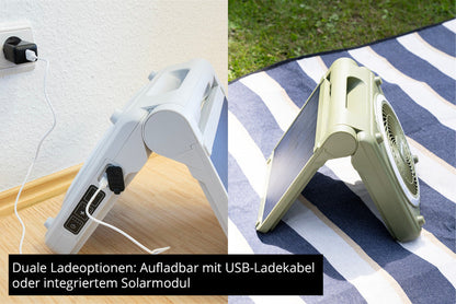 Der Unold Solarventilator Camping wird im Innenbereich per USB und im Außenbereich mit integriertem Solarpanel aufgeladen, was seine dualen Lademöglichkeiten unterstreicht. Ein deutscher Text im Bild erklärt diese Funktionen.