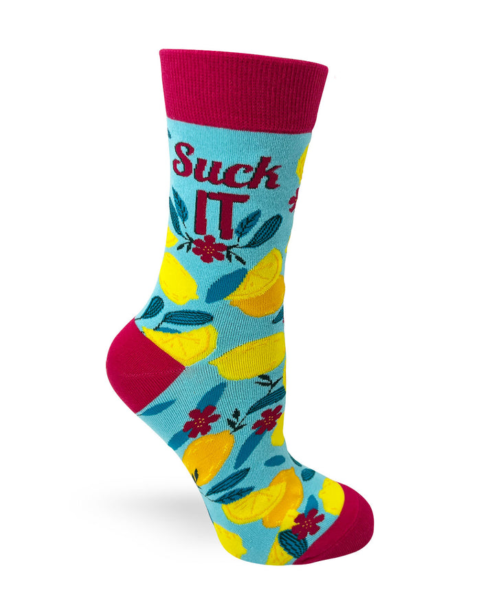 "Suck It" Women's Novelty Crew Socks Featuring Lemons.