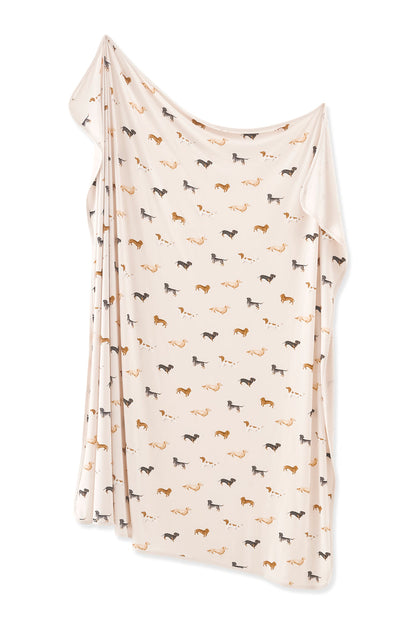 Beige Swaddle Blanket in Dachshund print on white background