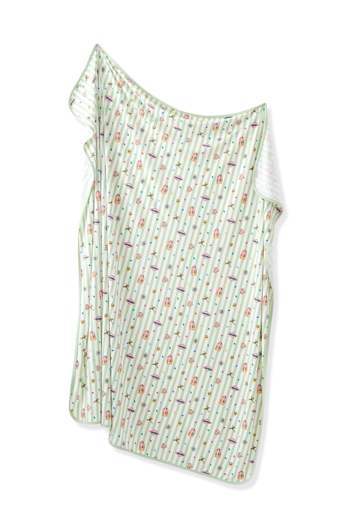 Green and white striped Swaddle blanket with colorful Harry Potter patterns on a white background