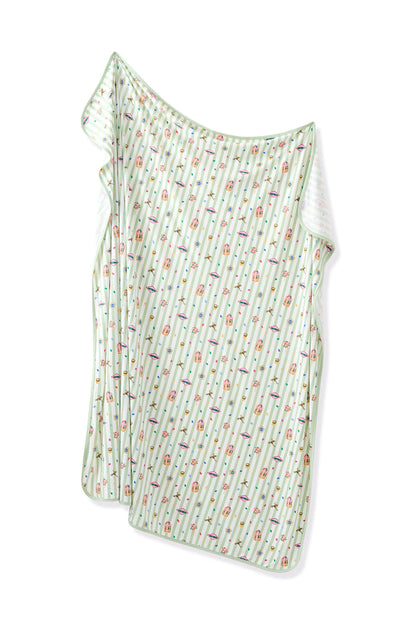 Green and white striped Swaddle blanket with colorful Harry Potter patterns on a white background