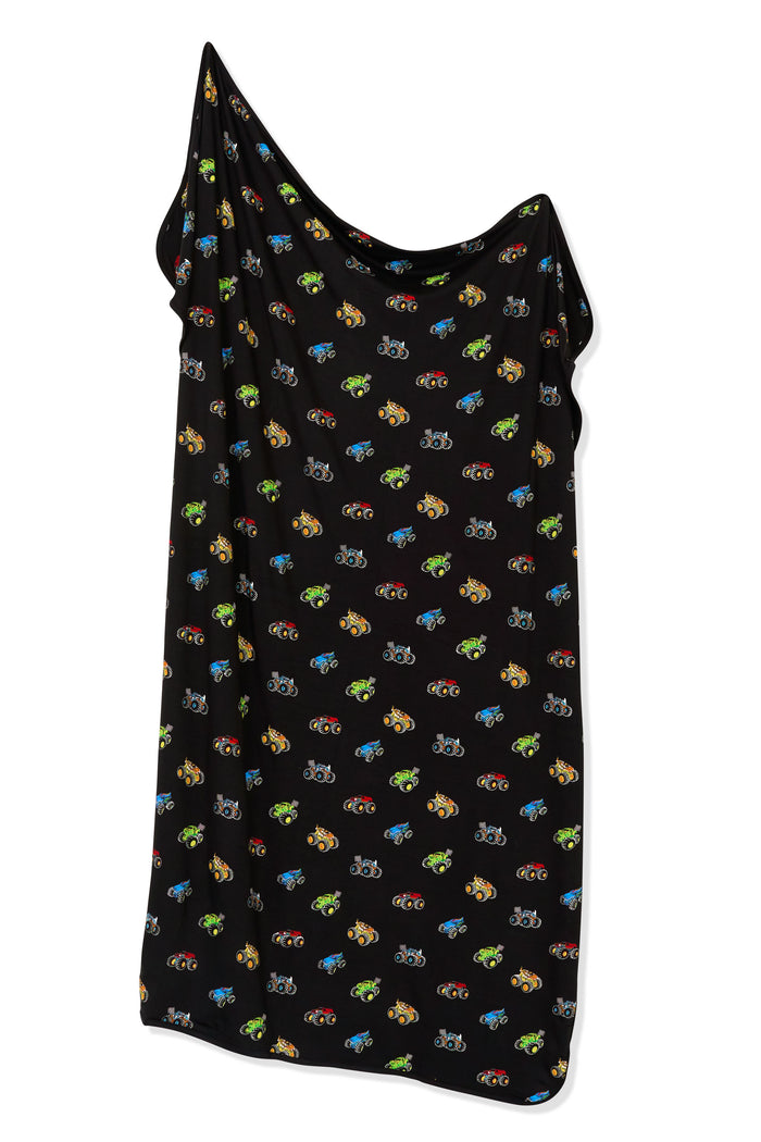 Swaddle Blanket in Monster Truck print on white background